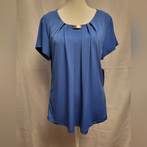 NY Collection New Womens Blue Pleated Blouse With Metal Accent Piece *Read*